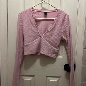 wild fable Pink Ribbed V-Neck Cropped Long Sleeve Top